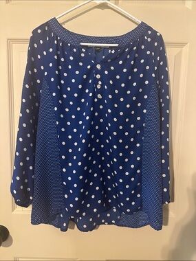 Blue Polka-Dot Long-Sleeve Blouse with Button Front